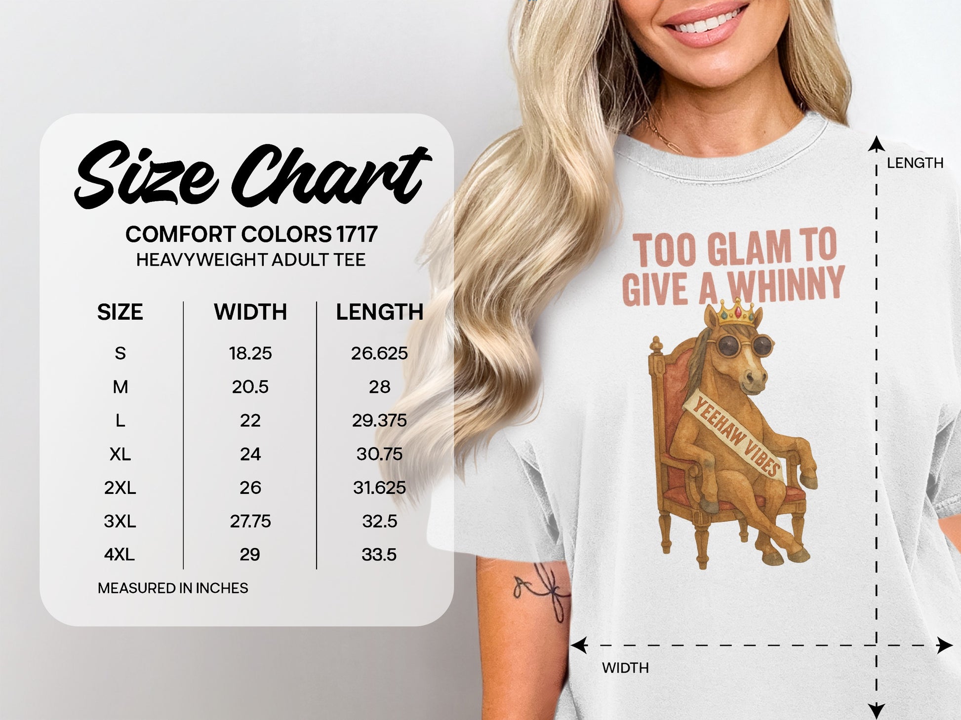 Comfort Colors size chart for heavyweight adult tee, with measurements.