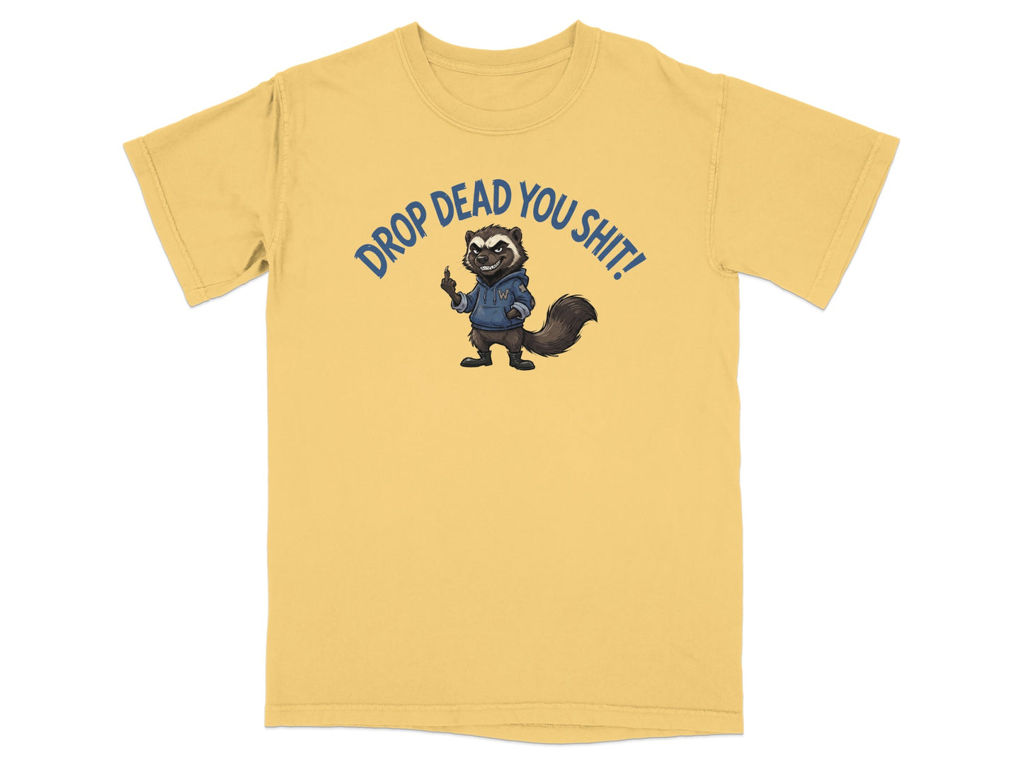 Skunk character in hoodie with text "DROP DEAD YOU SHIT!"
