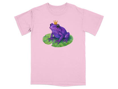 Purple frog with gold crown sits on a green lily pad.