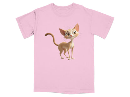 Pink t-shirt featuring a cartoon cat with large eyes and a long tail.
