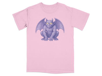 Pink t-shirt with a purple gargoyle graphic.