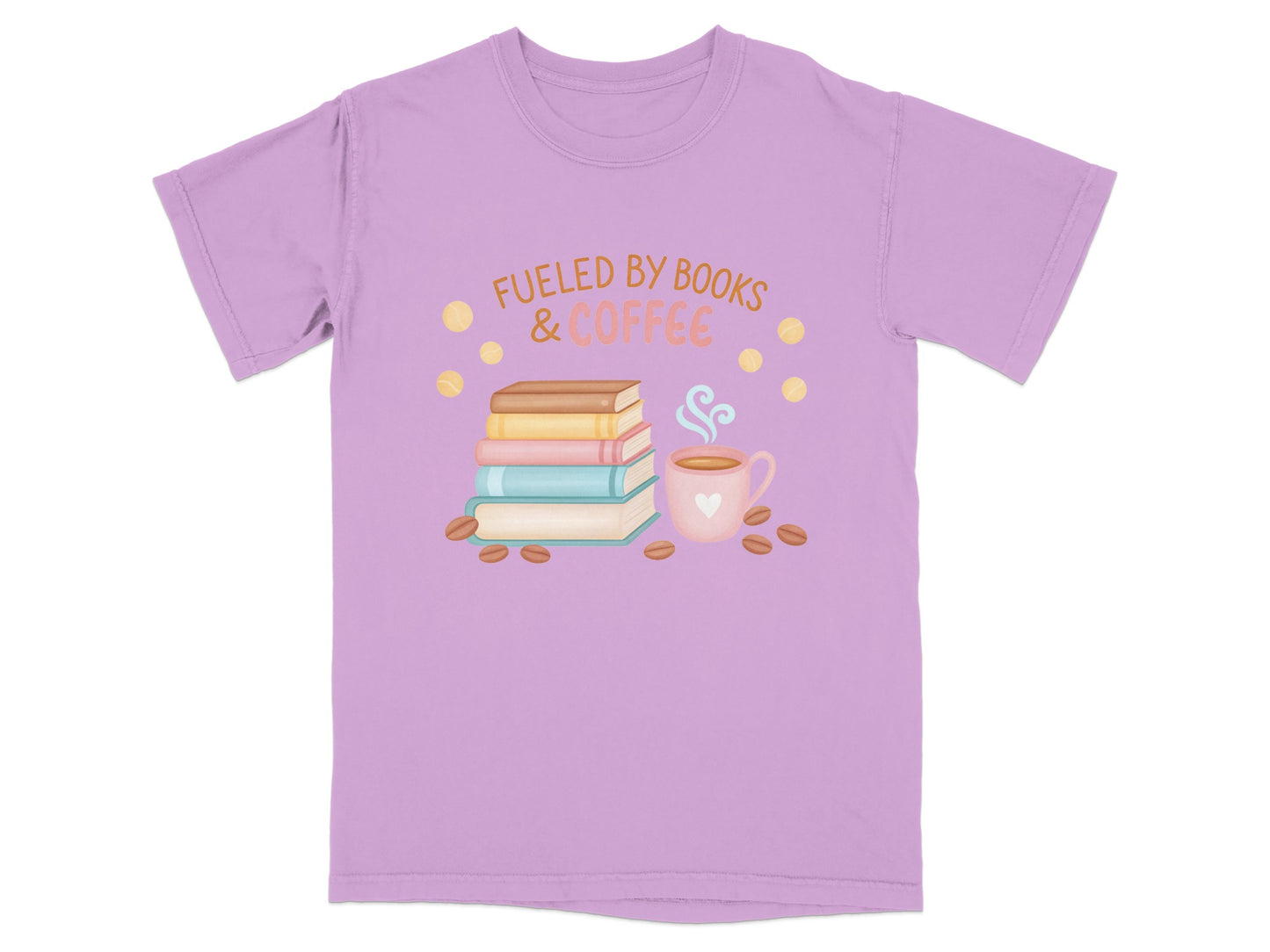 Lavender t-shirt with "Fueled by Books & Coffee" text and stack of books and coffee cup.