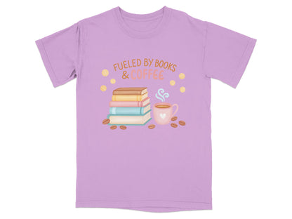 Lavender t-shirt with "Fueled by Books & Coffee" text and stack of books and coffee cup.