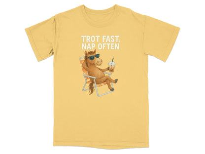 T-shirt with a cartoon horse relaxing in a chair with a drink.