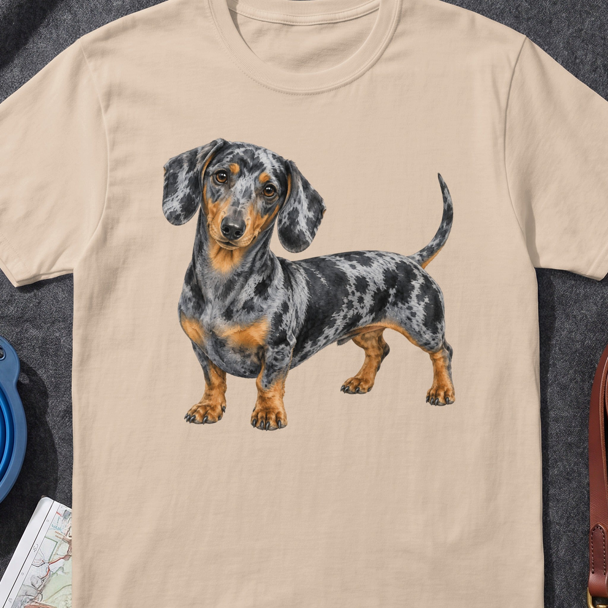 Dapple Dachshund illustration on a cream-colored t-shirt.