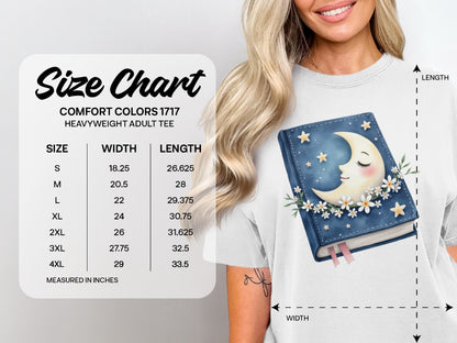 Comfort Colors 1717 heavyweight adult tee size chart with measurements in inches.