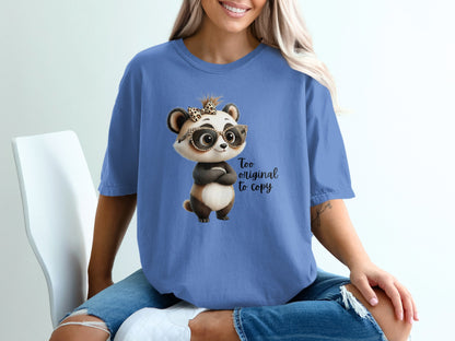Panda wearing glasses and bow tie, "Too original to copy" text.