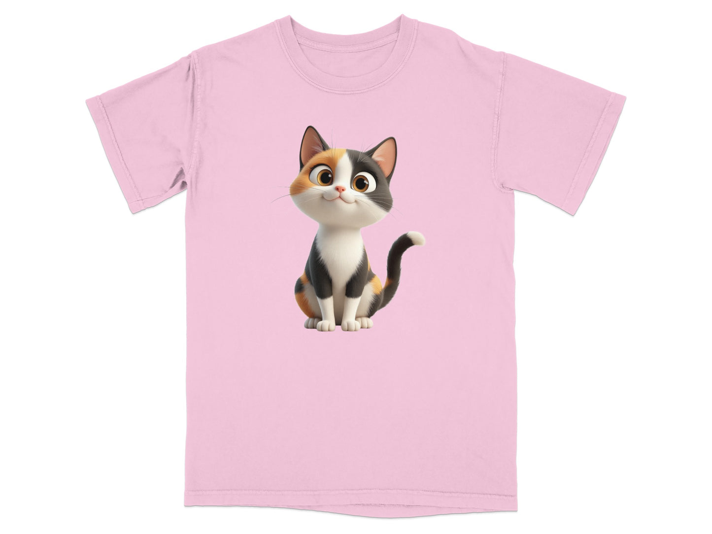 Pink t-shirt with a cartoon calico cat sitting and smiling.