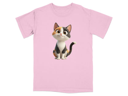 Pink t-shirt with a cartoon calico cat sitting and smiling.