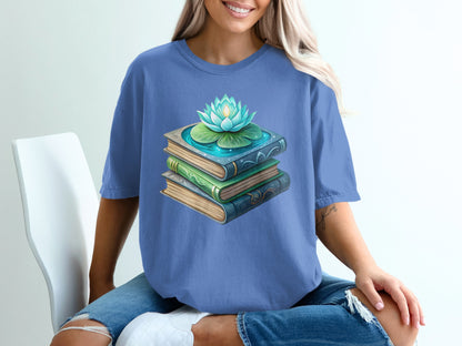 Stack of books with lotus flower on top, a serene aquatic scene.