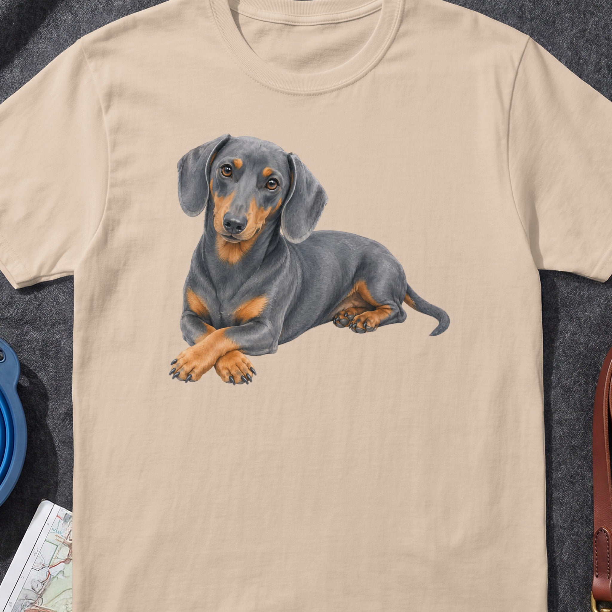 Dachshund graphic on a cream t-shirt.