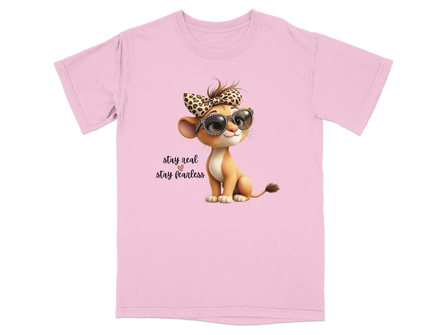 Pink t-shirt with a cartoon lion cub wearing sunglasses and a leopard print bow.