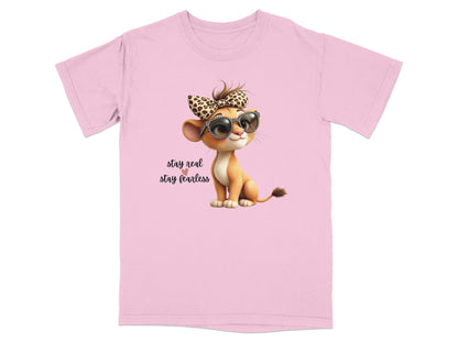 Pink t-shirt with a cartoon lion cub wearing sunglasses and a leopard print bow.