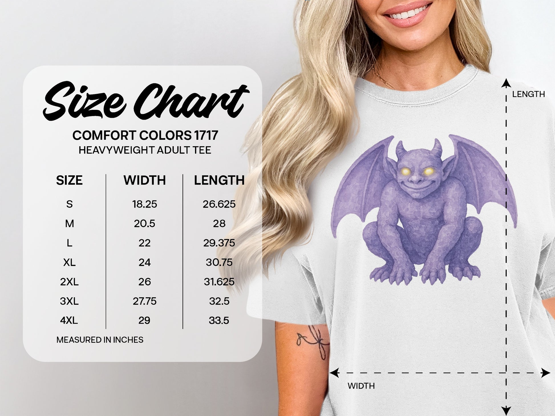 Size chart for Comfort Colors 1717 heavyweight adult tee with garment measurements.