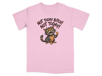 Pink t-shirt with an angry cartoon cat and text "NOT TODAY BITCH! NOT TODAY!".