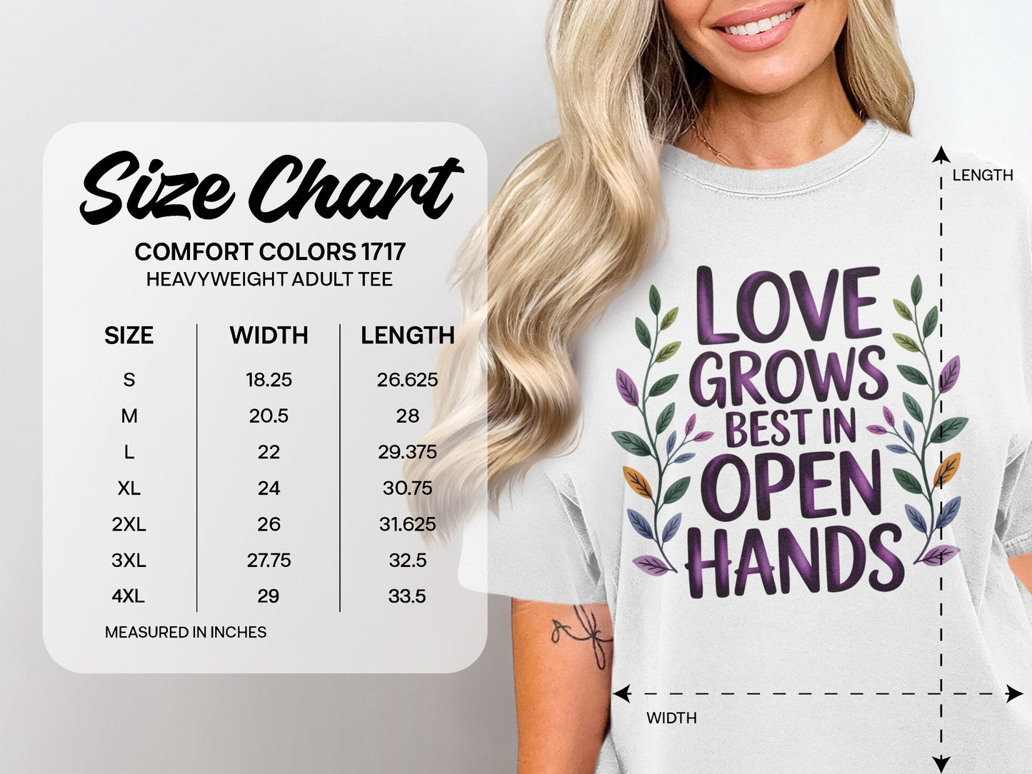 Comfort Colors 1717 size chart with garment dimensions in inches.