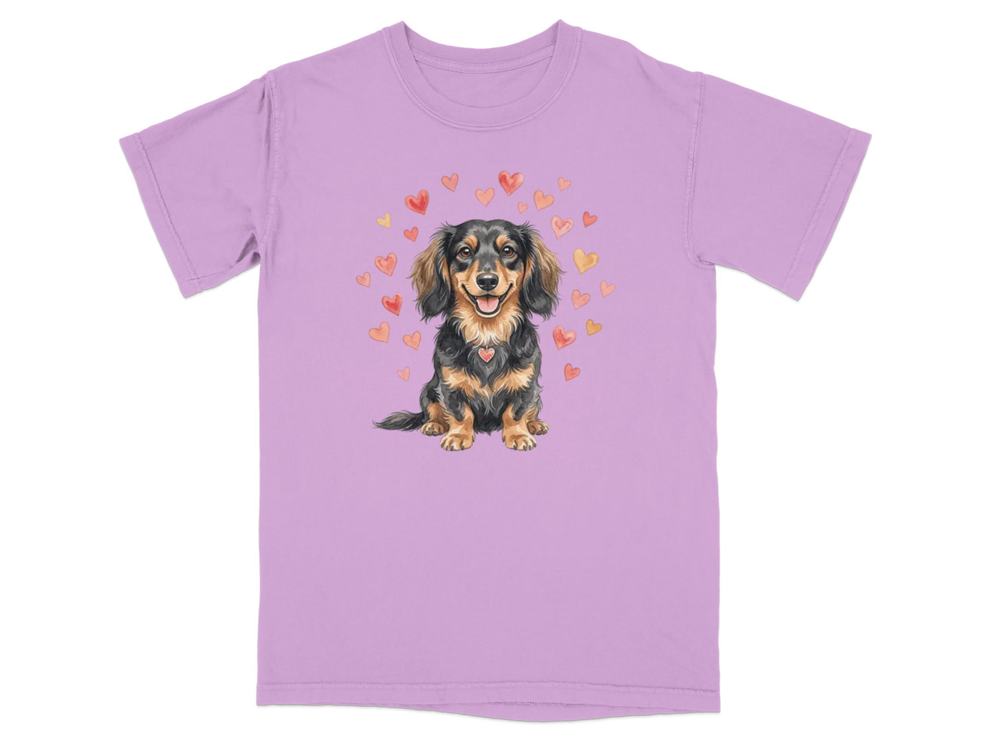Lavender t-shirt featuring a dachshund illustration with hearts.