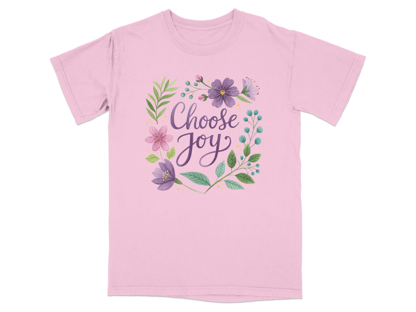 Pink t-shirt with "Choose Joy" text surrounded by floral and leaf illustrations.