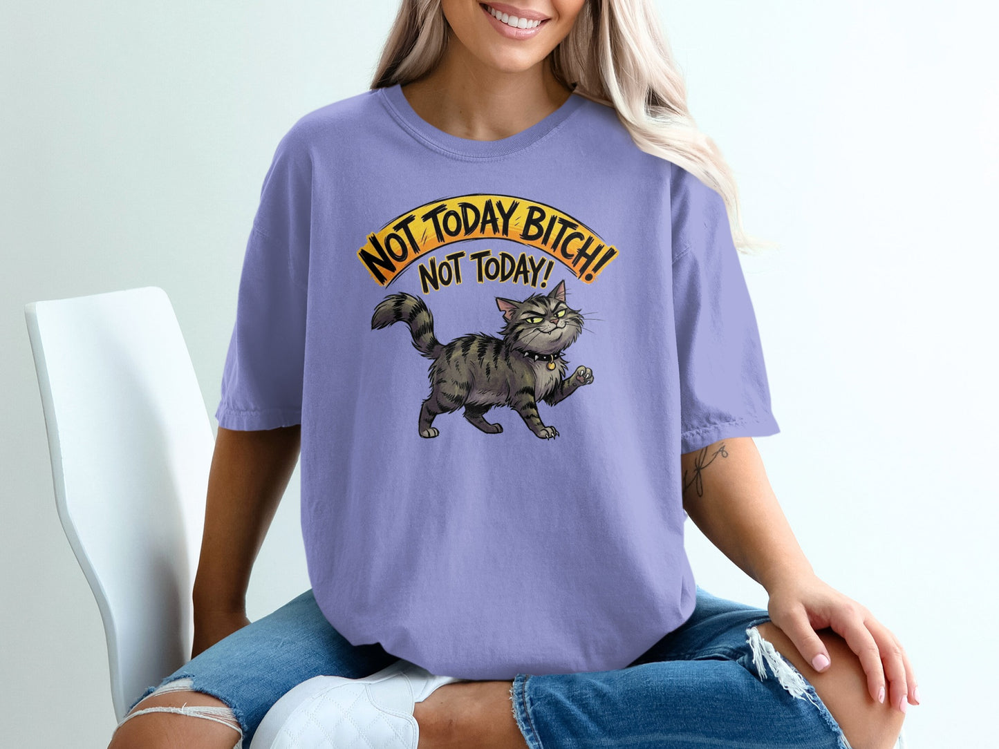 Purple t-shirt with a cartoon cat and "NOT TODAY BITCH! NOT TODAY!" text.