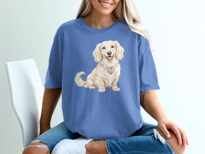 Cream-colored dog wearing a pink heart-shaped tag on a blue t-shirt.