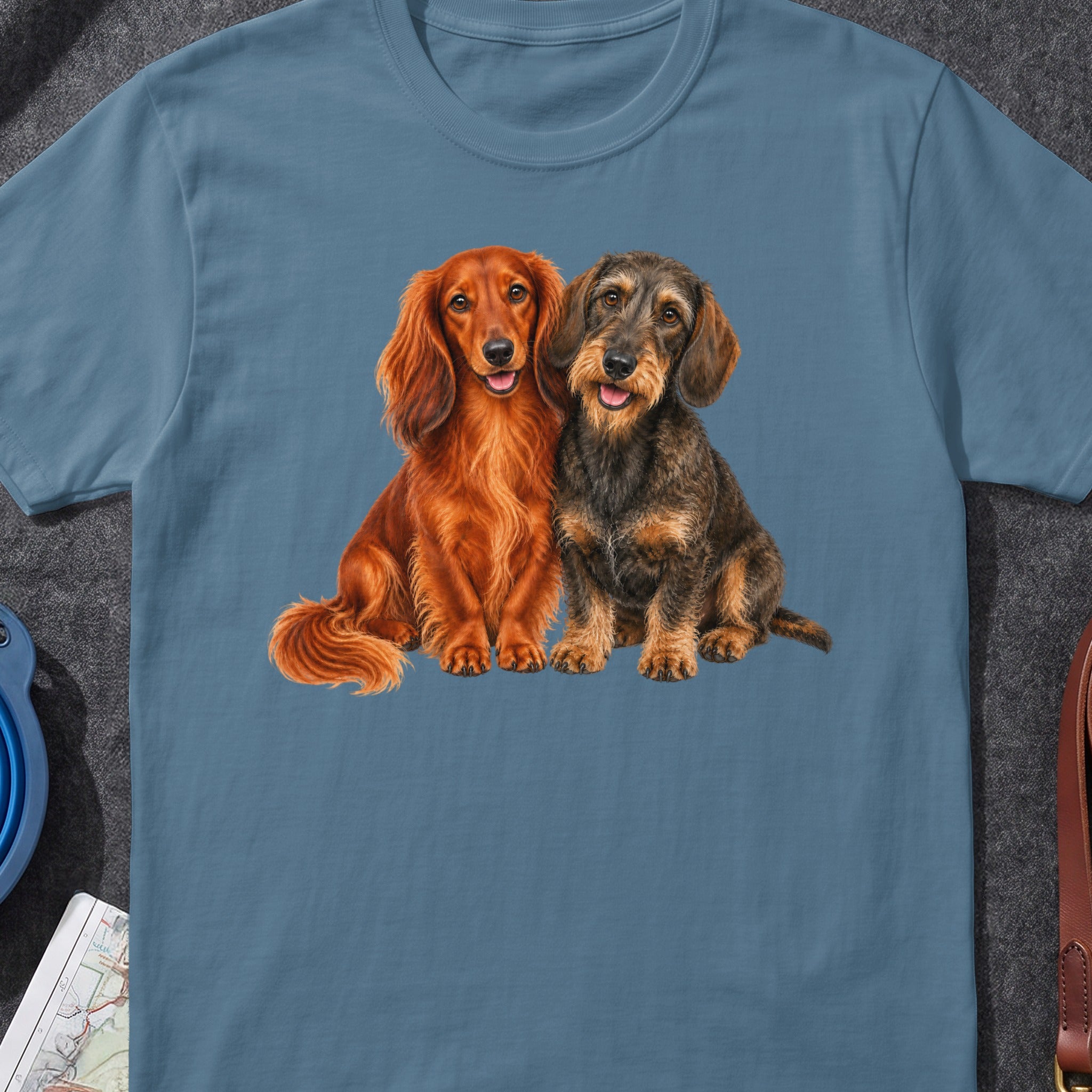 Two dachshund dogs, one long-haired red and one wire-haired brown, sit together on a blue t-shirt.