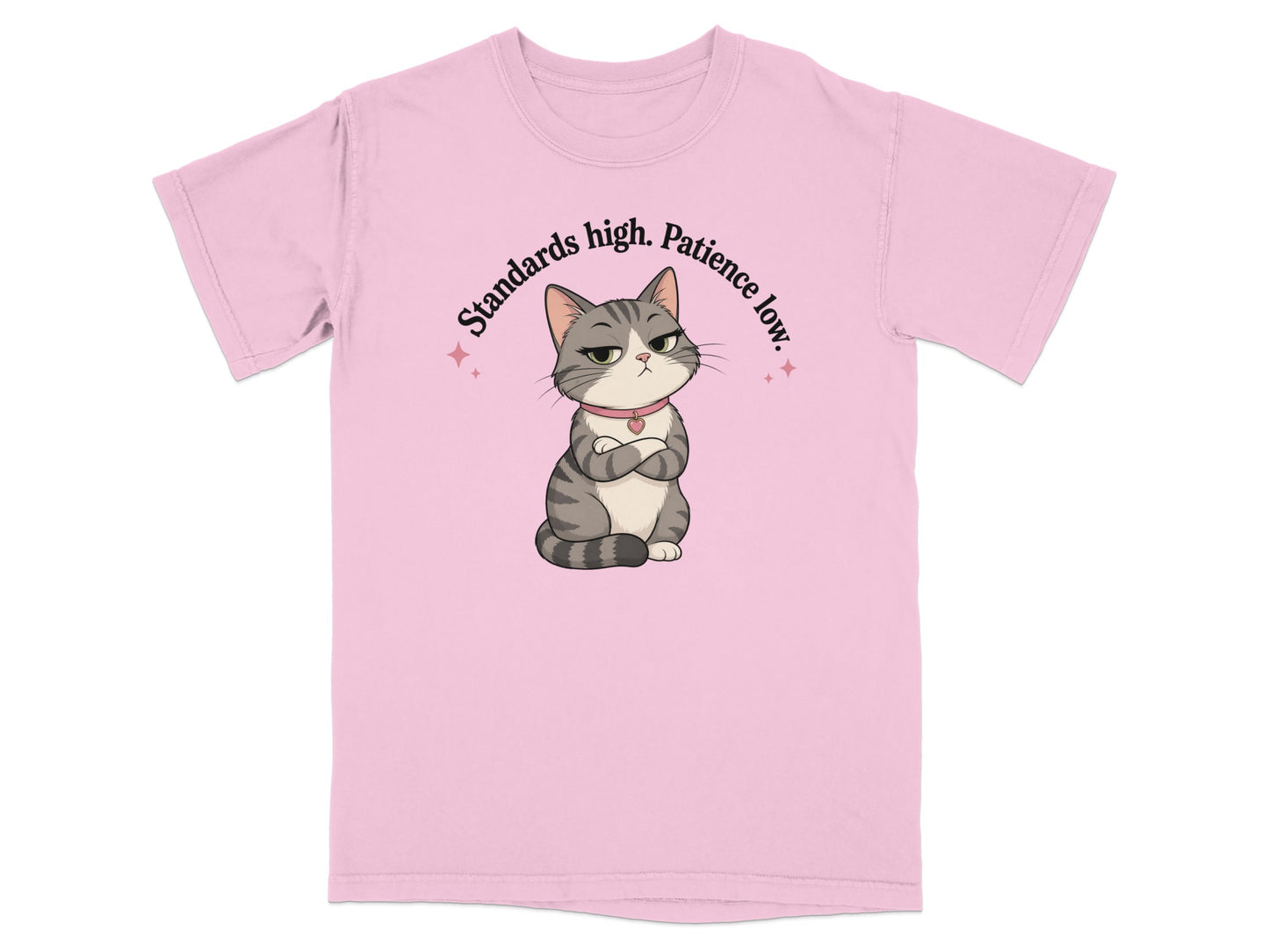 Pink t-shirt with a grumpy tabby cat and text "Standards high, Patience low."