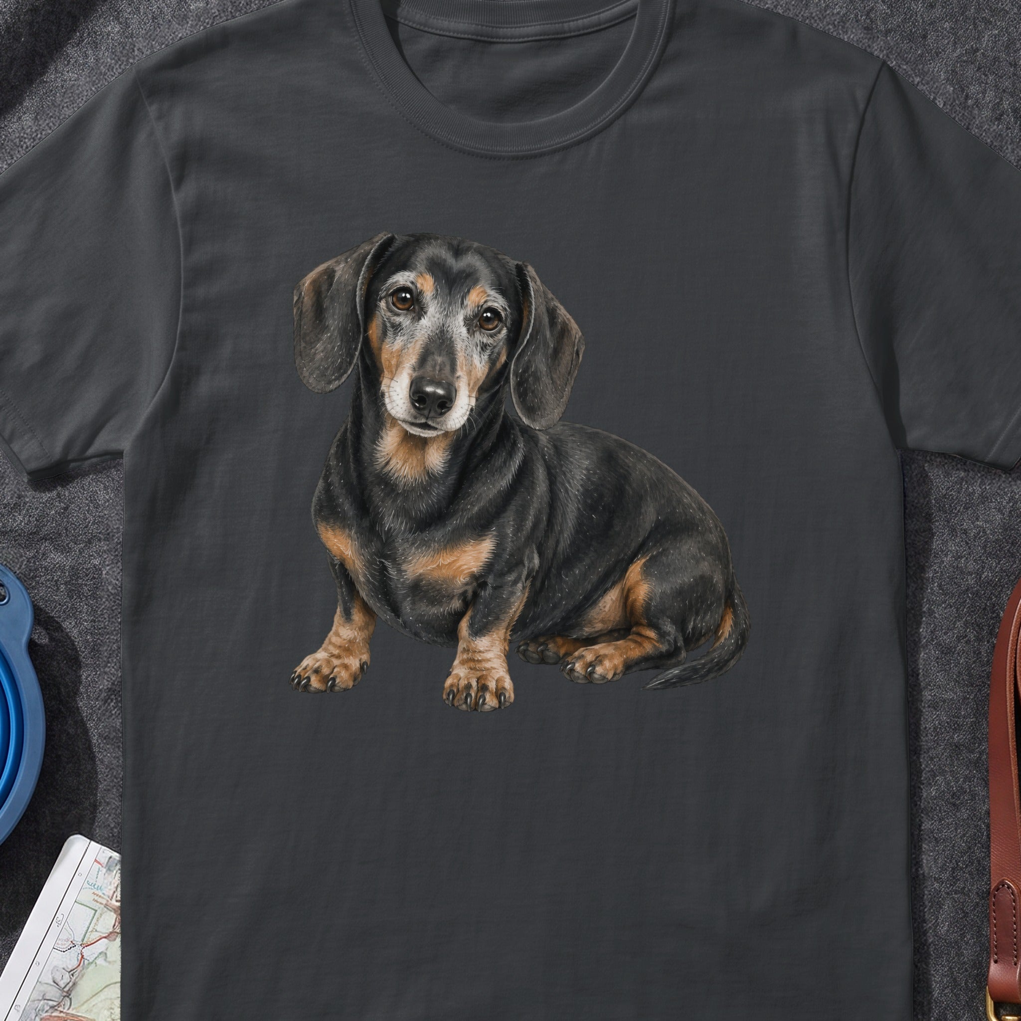 Dachshund dog with black and tan markings, sitting on a dark gray t-shirt.