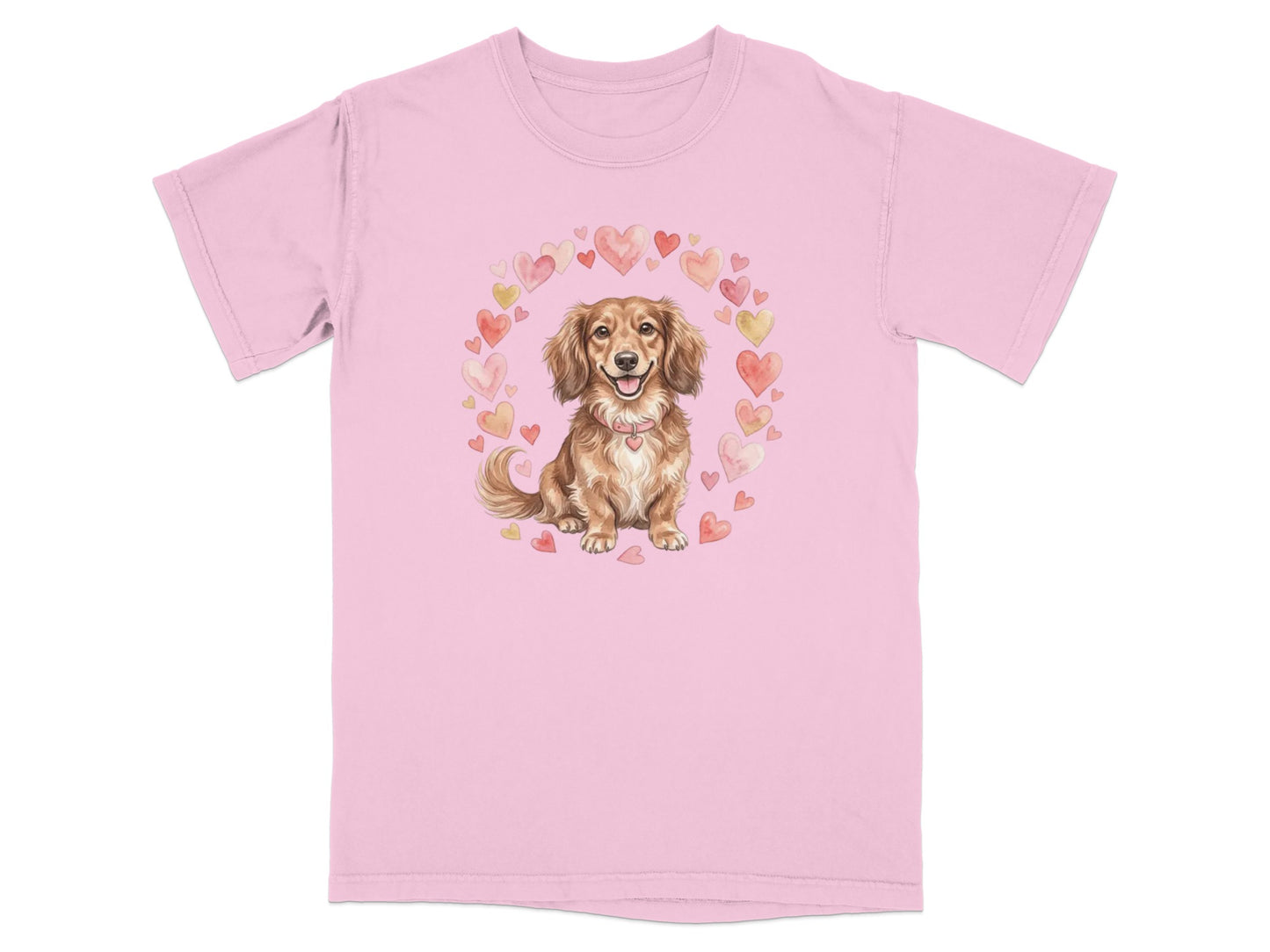 Pink t-shirt with dachshund surrounded by watercolor hearts.