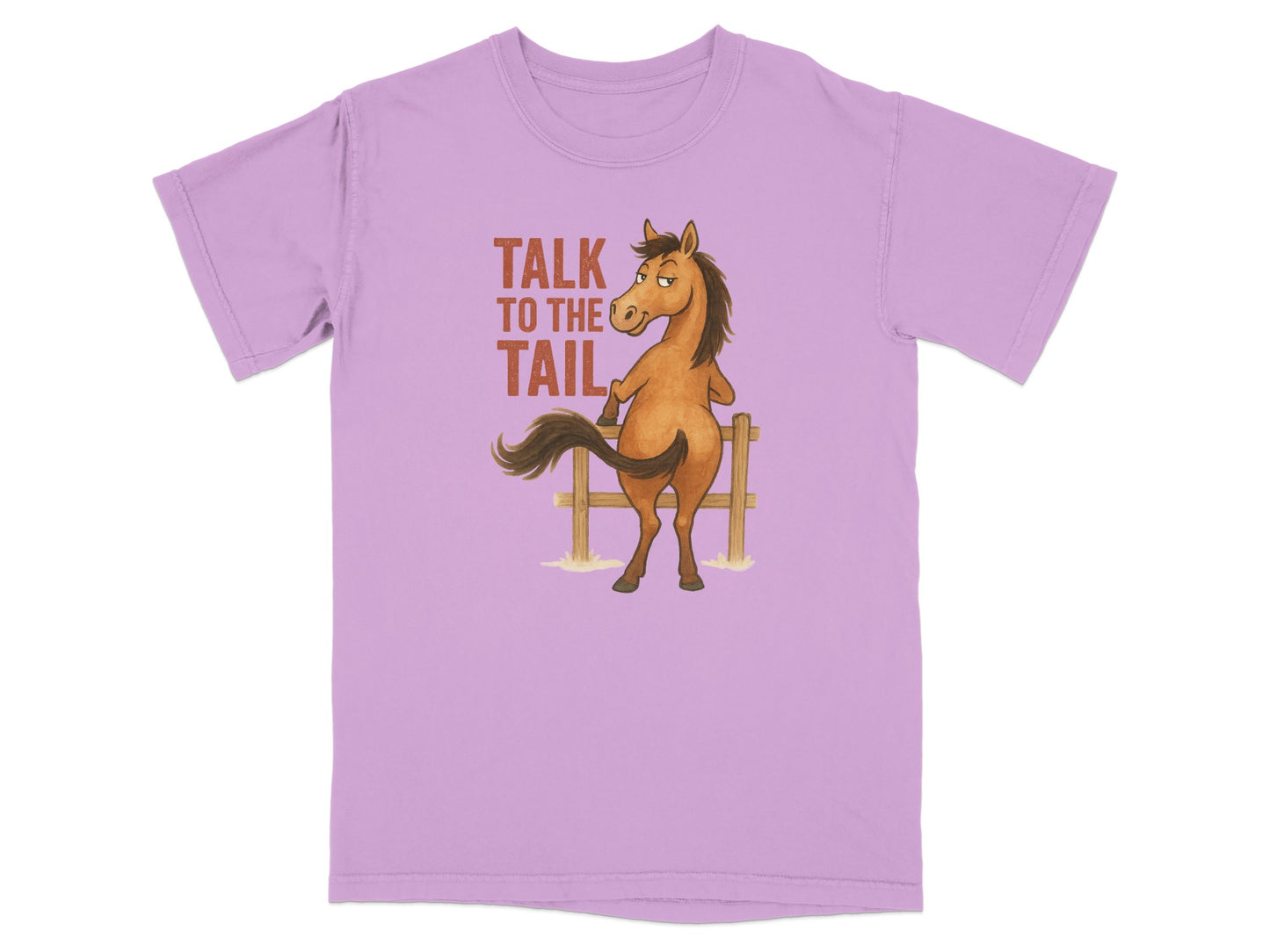 Lavender t-shirt with a cartoon horse and "Talk to the tail" text.