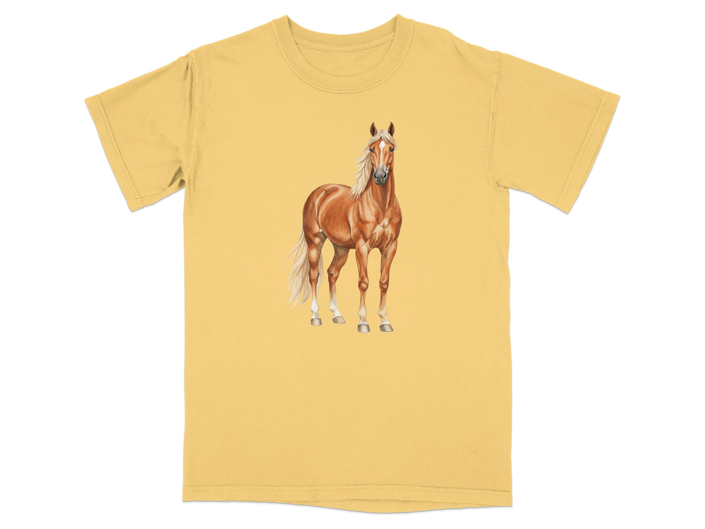 Illustration of a brown horse with a white mane on a yellow t-shirt.