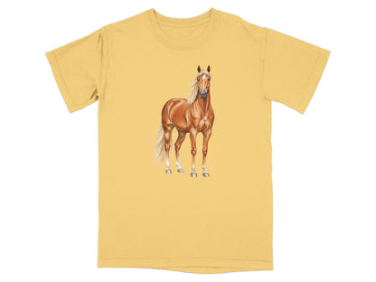 Illustration of a brown horse with a white mane on a yellow t-shirt.