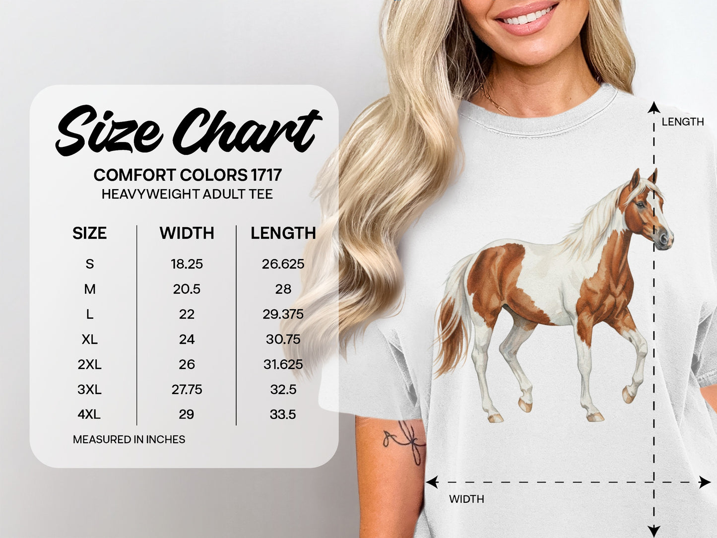 Size chart for Comfort Colors 1717 heavyweight adult tee with measurements.