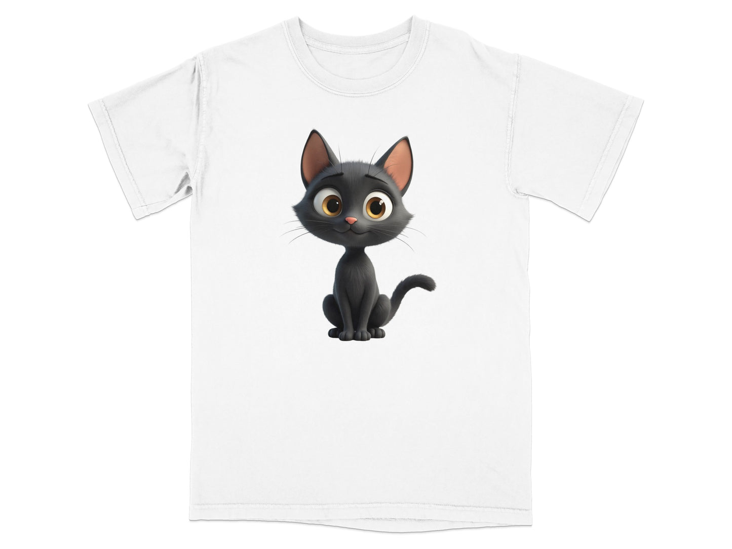 Black cartoon cat with big eyes on a white t-shirt.