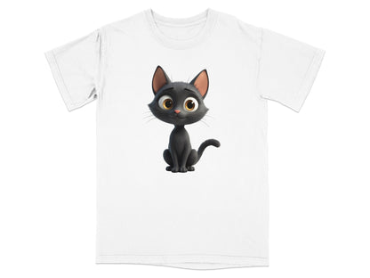 Black cartoon cat with big eyes on a white t-shirt.