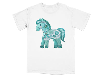 Teal horse graphic with floral and lace details on a white t-shirt.