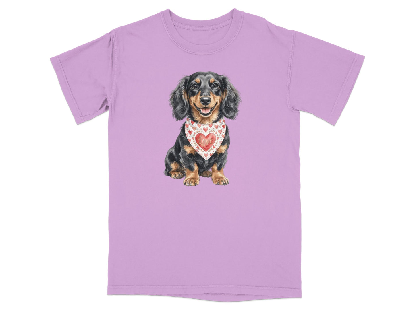 Purple t-shirt with a dachshund wearing a red bandana with hearts.