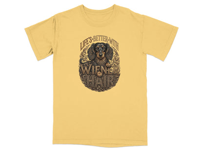 T-shirt with a dachshund graphic and "Life's Better With Wiener Hair" text.