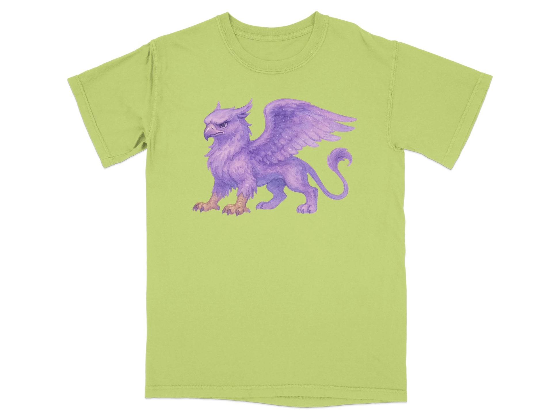 Light green t-shirt with a purple griffin illustration.
