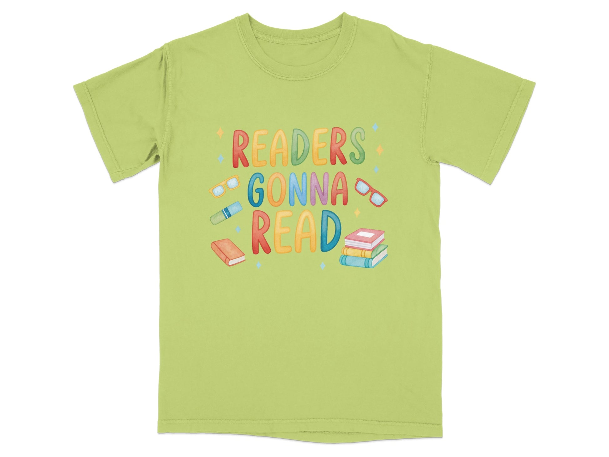 Green t-shirt with "Readers Gonna Read" and stack of books.