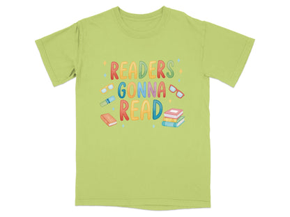 Green t-shirt with "Readers Gonna Read" and stack of books.