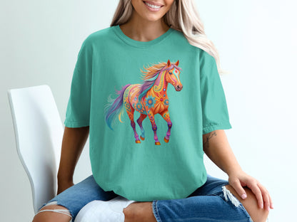 Teal t-shirt with a colorful, ornate horse graphic and floral patterns.