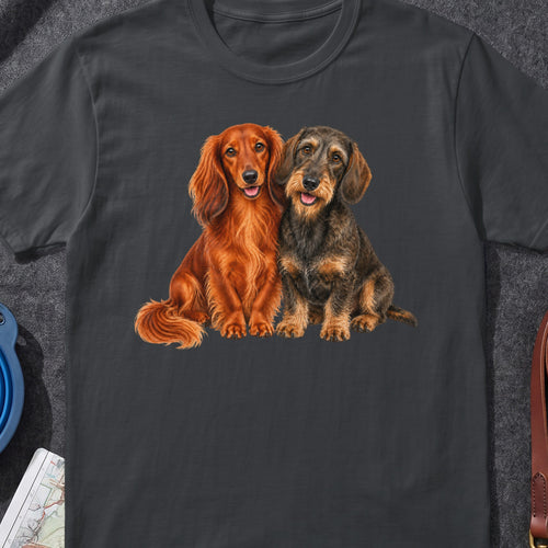 Two dachshunds, one long-haired red and one wire-haired brown, sit side-by-side.