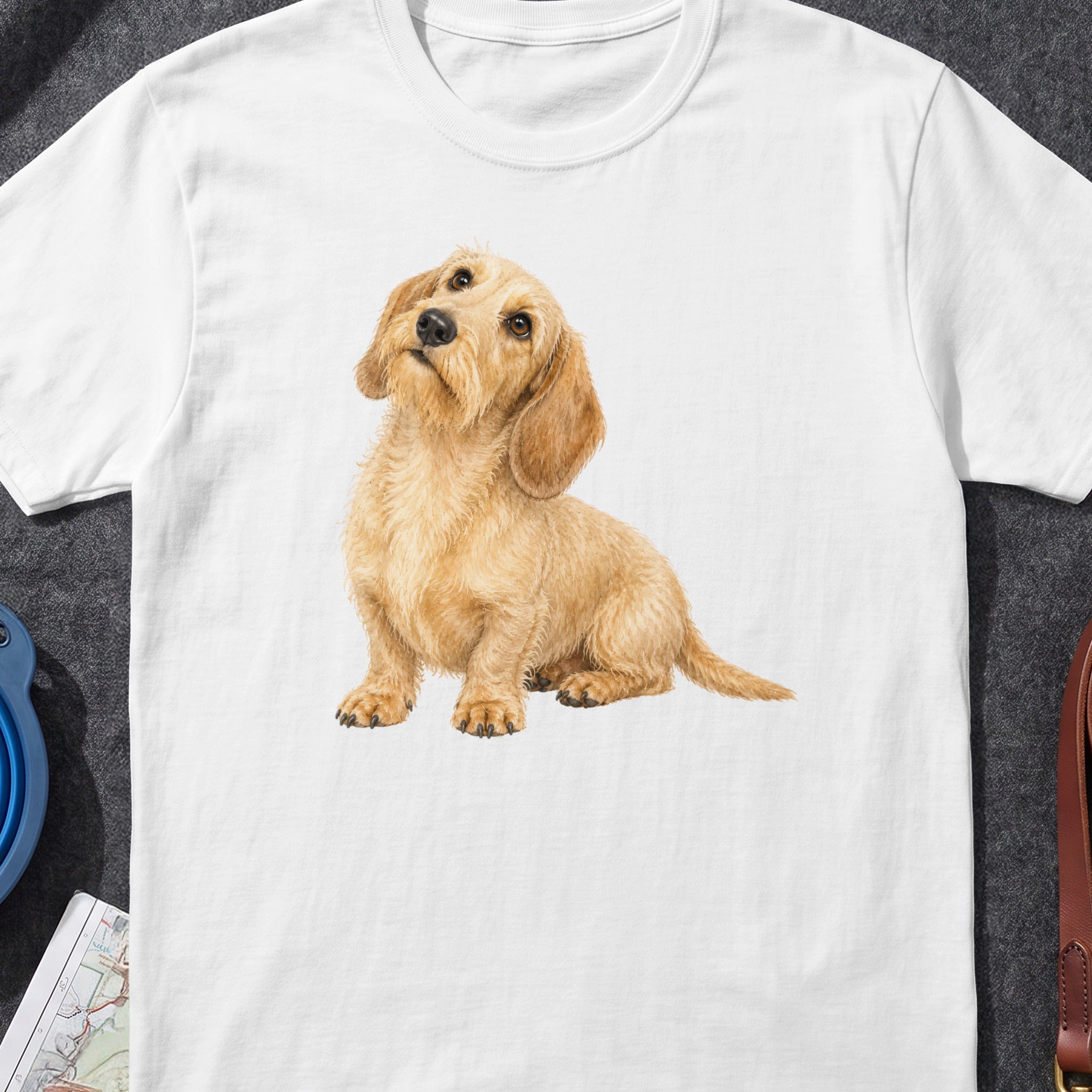 White t-shirt with a watercolor painting of a shaggy brown dachshund dog.