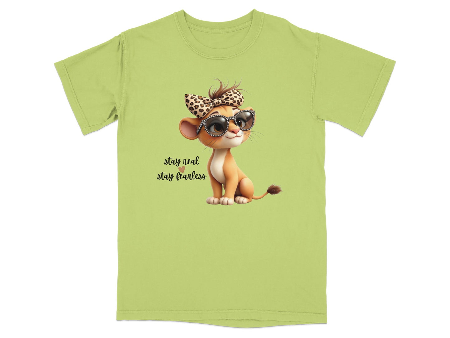 Light green t-shirt with a cartoon lion cub wearing sunglasses and a headband.