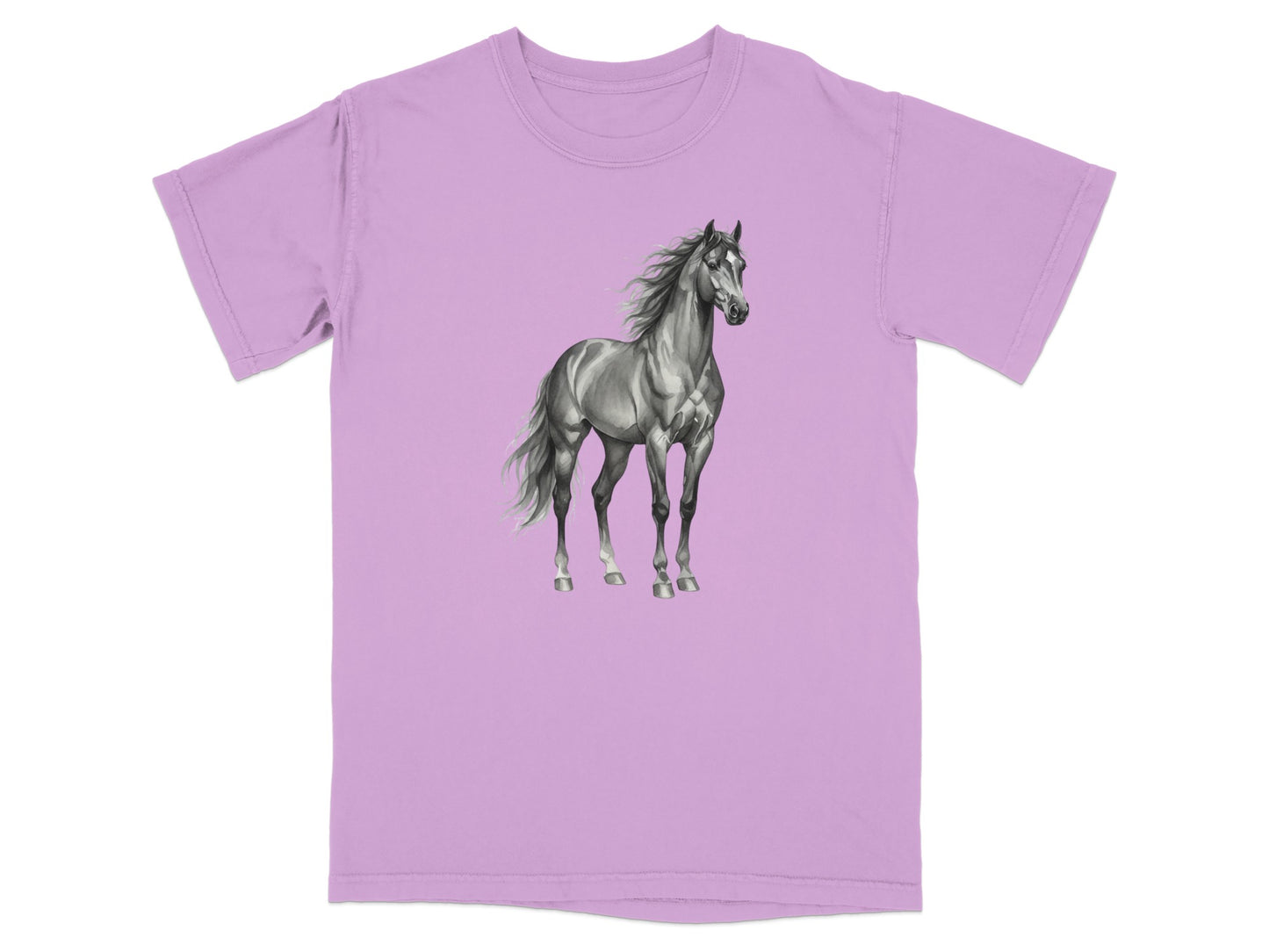 Light purple t-shirt with a black and white drawing of a horse.