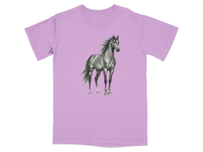 Light purple t-shirt with a black and white drawing of a horse.