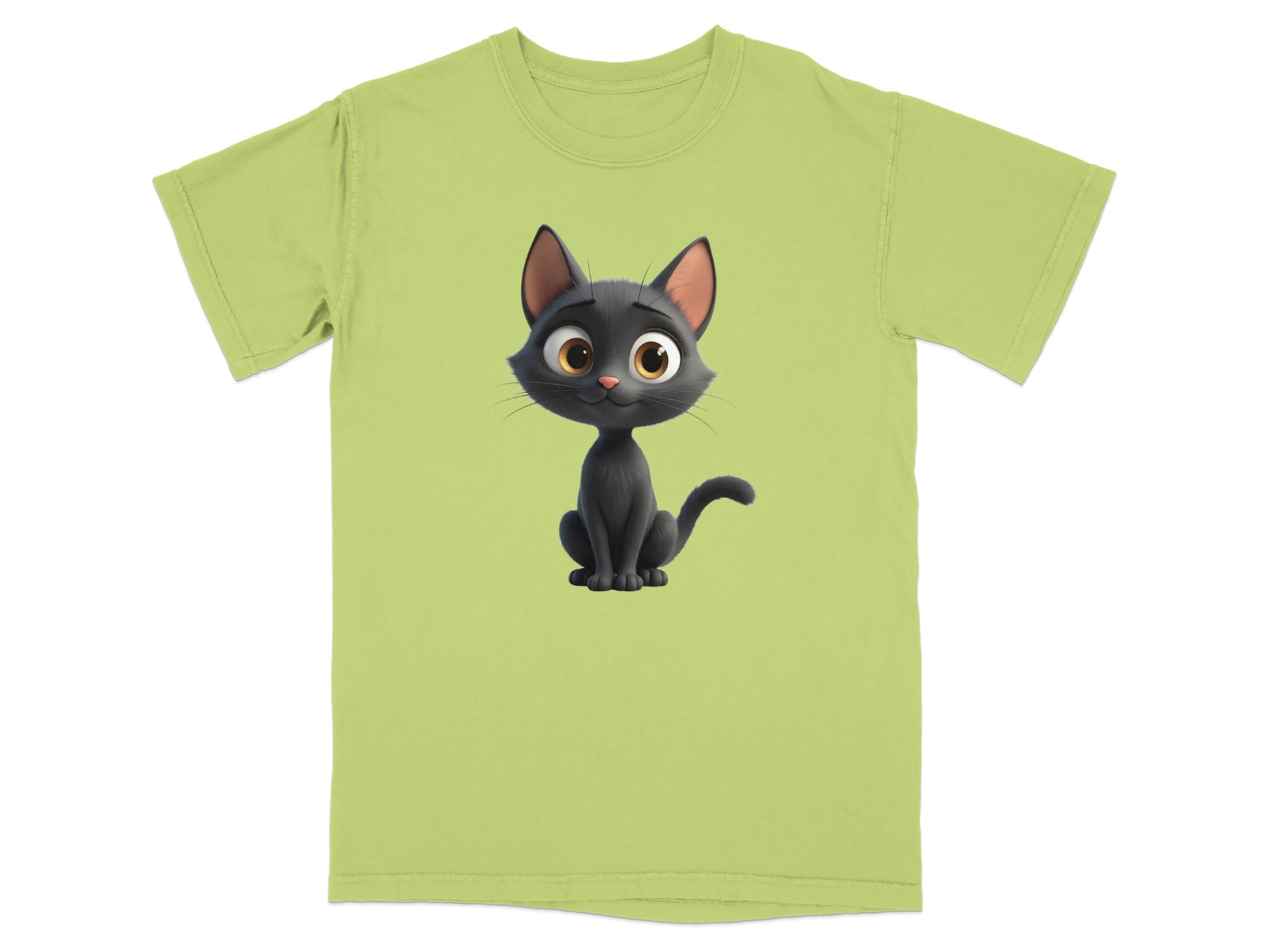 T-shirt with a cartoon black cat with big eyes sitting.