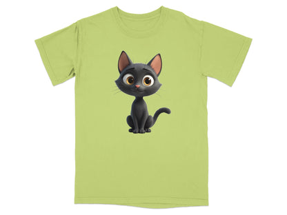 T-shirt with a cartoon black cat with big eyes sitting.