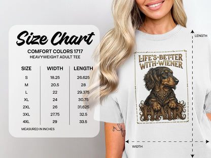 Size chart for a heavyweight adult t-shirt, featuring a dachshund graphic.