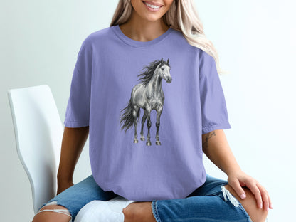 Purple t-shirt with a grey horse graphic.